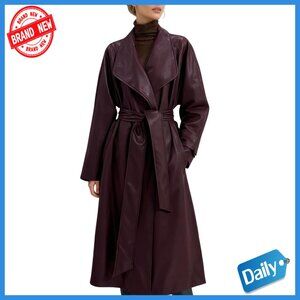Faux Leather Trench Coat with Belt Lapel Collar Slim Fit Below Knee